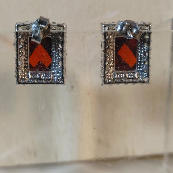 Garnet Earrings Sterling Silver 925 Vintage Square Red Bold Elegant Gemstones - Picture 7 of 9
